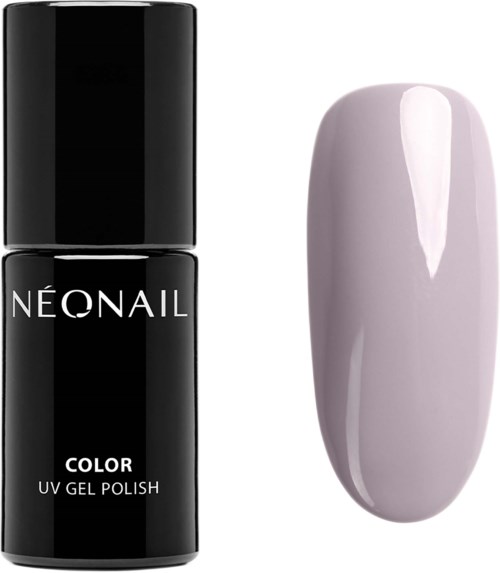 A black bottle of Neonail UV gel polish and a painted nail swatch in light purple.