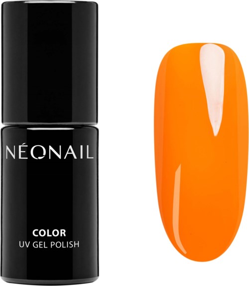 A black bottle of Neonail UV gel polish next to a painted orange nail with a white stripe in the middle.