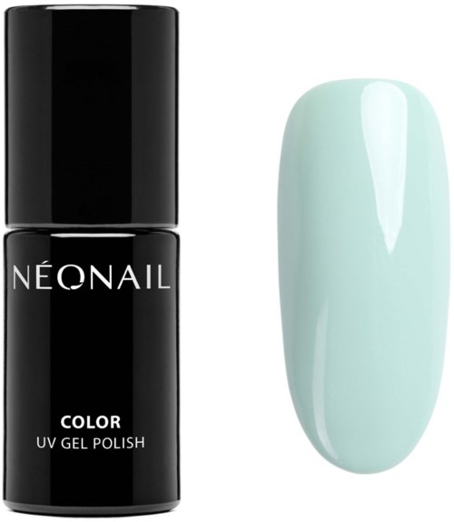 A black nail polish bottle labeled 'NEONAIL COLOR UV GEL POLISH' and a painted nail with light mint green polish.
