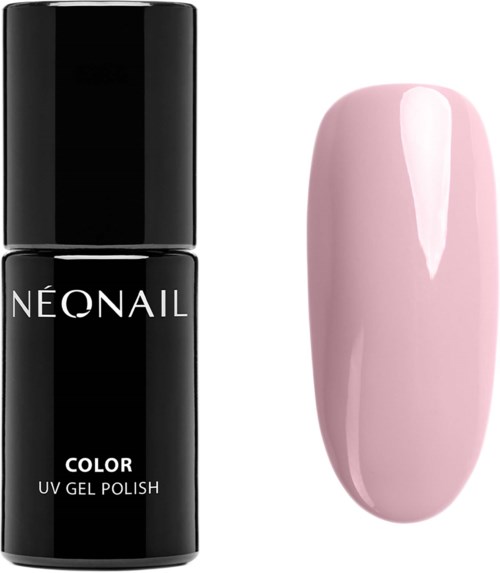 A black bottle labeled 'Neonail Color UV Gel Polish' next to a pink nail polish sample.