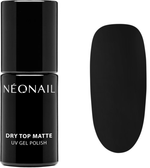 En sort flaske mærket 'NEONAIL DRY TOP MATTE UV GEL POLISH' ved siden af en sort oval negleprøve.
