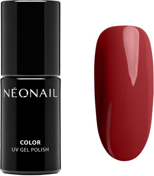 Czarna butelka lakieru do paznokci i próbka czerwonego lakieru. Butelka ma napis 'Neonail Color UV Gel Polish.'