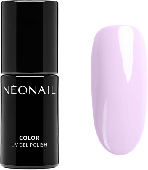 A black nail polish bottle labeled 'Neonail Color UV Gel Polish' with a light purple painted nail.