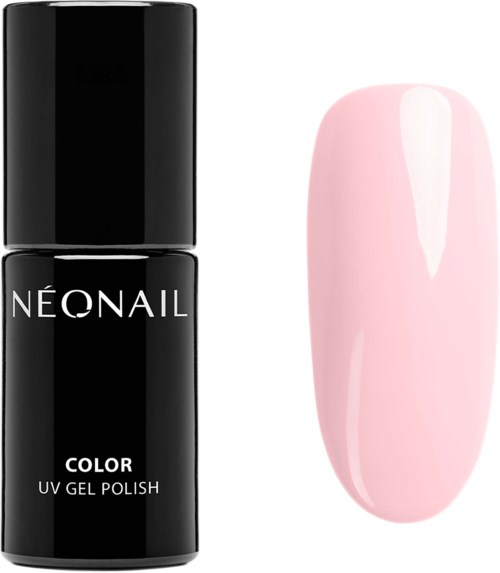 A black bottle of NeoNail UV gel polish next to a pink painted nail sample.