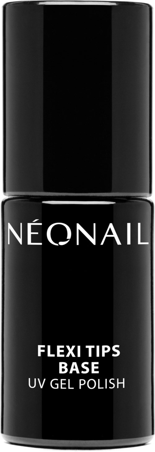 Sort neglelakflaske med hvid tekst, der siger 'NEONAIL' og 'FLEXI TIPS BASE UV GEL POLISH'.