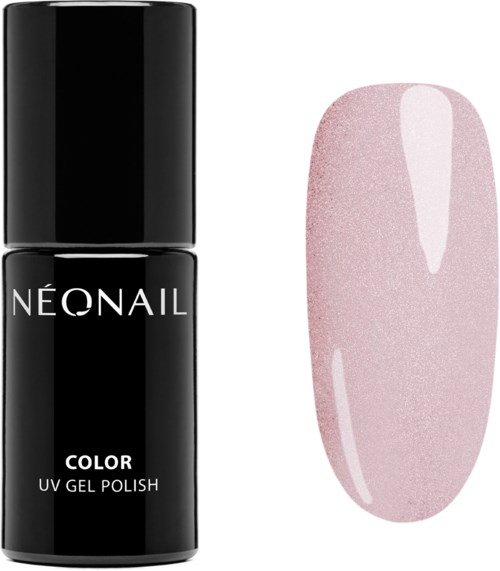 Czarna butelka lakieru do paznokci z napisem 'NEONAIL COLOR UV GEL POLISH' i różowana próbka paznokcia.
