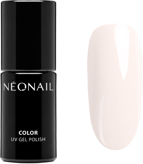 Czarna butelka z napisem 'NEONAIL COLOR UV GEL POLISH' i biały pomalowany paznokieć obok.