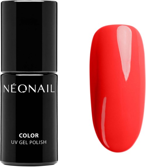 A black bottle labeled 'NEONAIL COLOR UV GEL POLISH' next to a glossy red nail polish swatch.