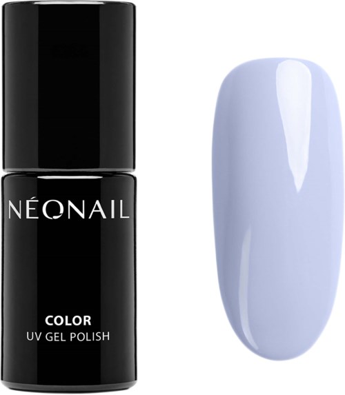 A bottle of neon nail gel polish is next to a painted nail with light purple polish.
