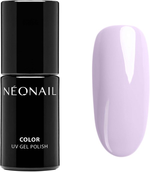 A black bottle of nail polish labeled 'Neonail Color' next to a light purple painted nail.