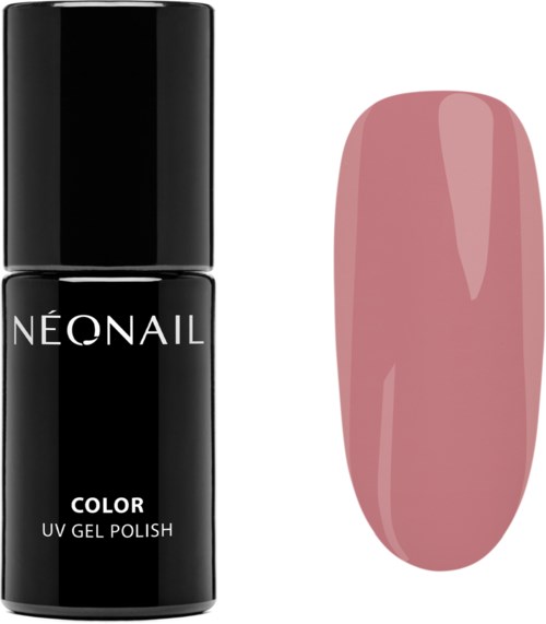 Czarna butelka lakieru UV NEONAIL obok różowego pomalowanego paznokcia. Prosty i czysty design.