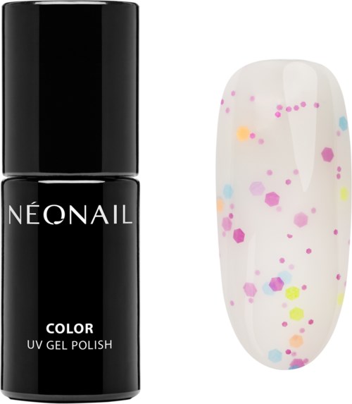 Czarna butelka lakieru UV NEONAIL i paznokieć z białą bazą i kolorowymi kropkami.