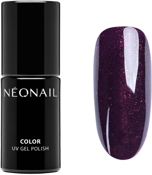 A black bottle of UV gel nail polish labeled 'Neonail Color' next to a dark purple, glittery, shiny nail tip.