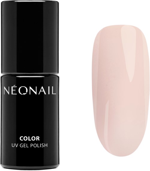 Czarna butelka z napisem 'NEONAIL COLOR UV GEL POLISH' obok jasnego różowego paznokcia.