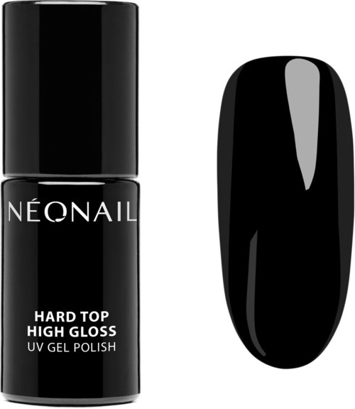 A black nail polish bottle with white text and a swatch showing high gloss finish.