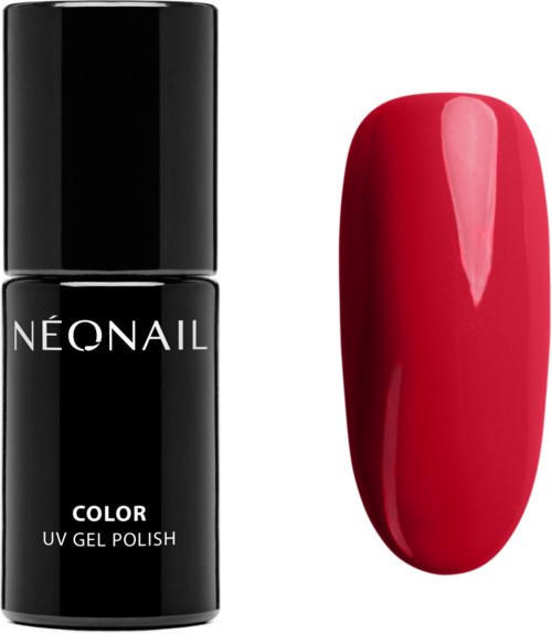 Czarna butelka z napisem 'Neonail Color UV Gel Polish' obok pomalowanego na czerwono paznokcia.