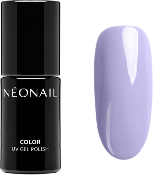 A black bottle labeled 'Neonail Color UV Gel Polish' next to a painted nail in light purple.