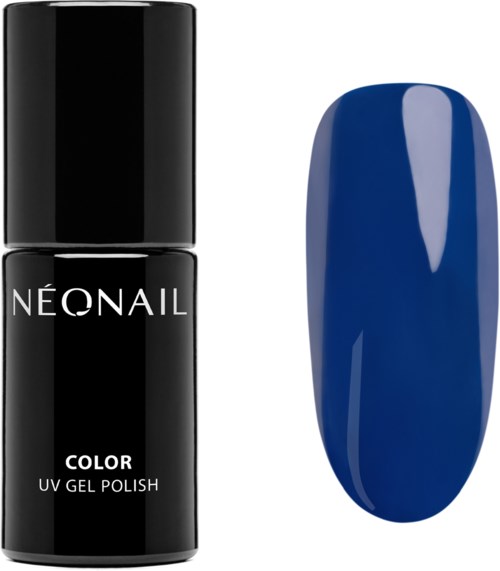 Czarna butelka lakieru do paznokci z napisem 'NEONAIL COLOR UV GEL POLISH' i niebieski pomalowany paznokieć.