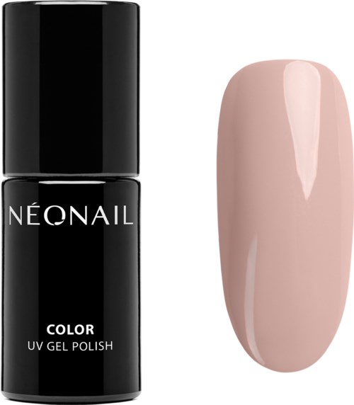 Czarna butelka z napisem 'NEONAIL COLOR UV GEL POLISH' obok paznokieć pomalowany na jasny różowy kolor.