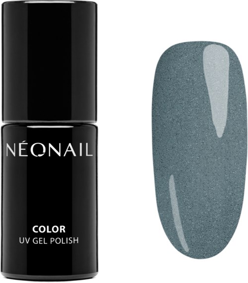 Czarna butelka z napisem 'Neonail Color UV Gel Polish' i próbka szarego lakieru gelowego.