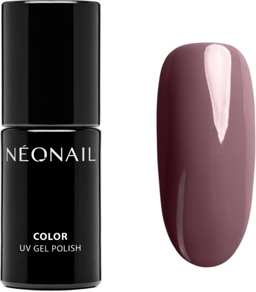Czarna butelka lakieru do paznokci z napisem 'Neonail' i pomalowany paznokieć w kolorze mauve.