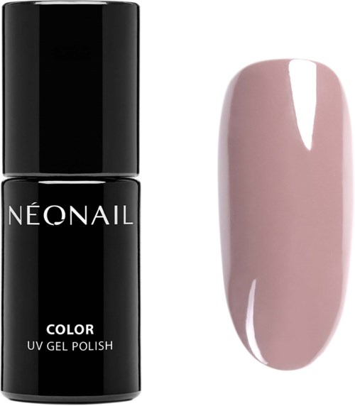Czarna butelka oznaczona 'Neonail Color UV Gel Polish' oraz różowy paznokieć pomalowany lakierem.