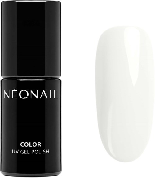 Eine schwarze Flasche mit NeoNail Farbe UV-Gel-Lack und eine weiße Nagelprobe. Beides wird für Nagelkunst verwendet.