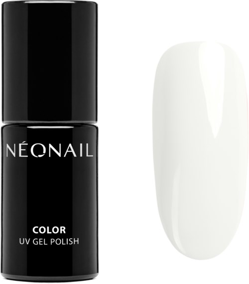 Czarna butelka z napisem 'Neonail Color UV Gel Polish' obok białego próbki przypominającej paznokieć.