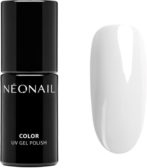 Czarna butelka oznaczona Neonaile Color UV gel polish, obok białego sztucznego paznokcia. Minimalistyczny, czysty design.