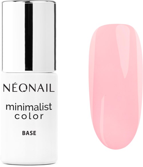 Eine weiße Flasche mit der Aufschrift 'Neonail minimalist color base' neben einem rosa lackierten Nagel. Einfaches und sauberes Design.