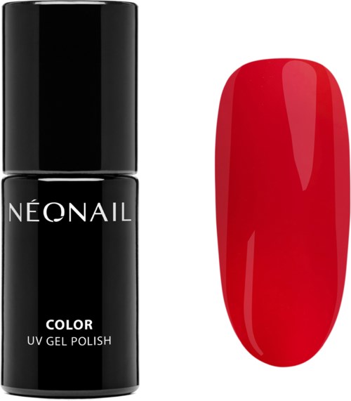 Eine schwarze Flasche mit der Aufschrift 'NEONAIL COLOR UV GEL POLISH' und ein roter Nagel. Beide sind einfach und minimalistisch.