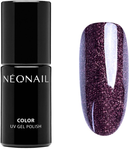 A black nail polish bottle labeled 'NÉONAIL COLOR UV GEL POLISH' and a painted nail with purple glitter polish.