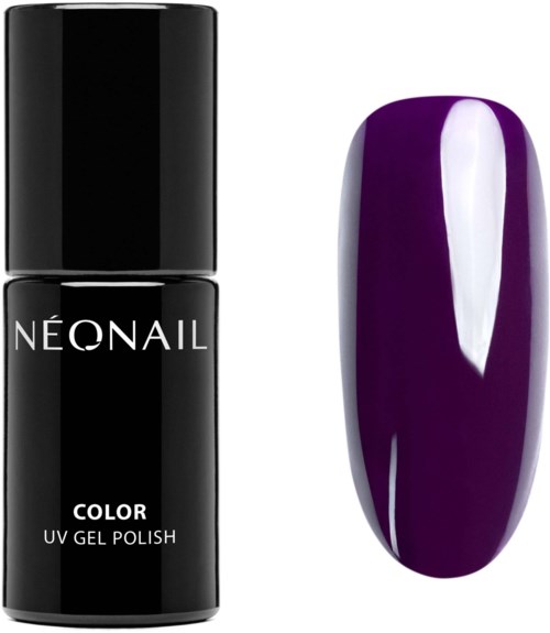 A black bottle of NeoNail UV gel polish next to a painted purple nail. The bottle has white text. The nail has a shiny finish.