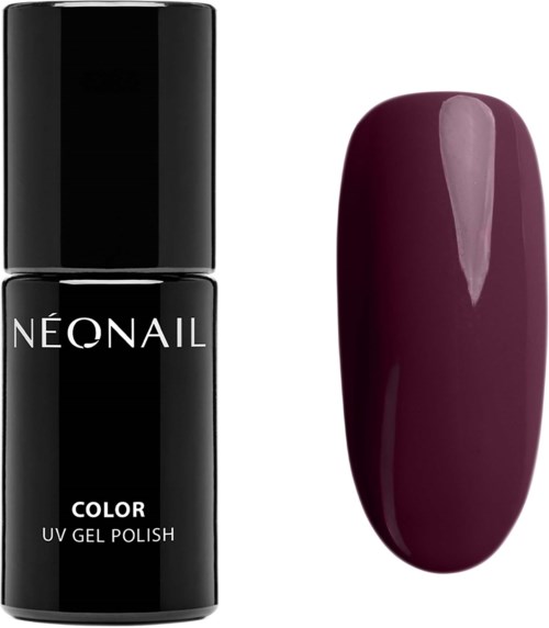 A black nail polish bottle labeled 'Neonail' and a painted nail with deep purple color.