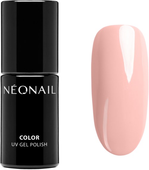 Czarna butelka lakieru do paznokci z napisem 'NEONAIL COLOR UV GEL POLISH' obok różowego pomalowanego paznokcia.