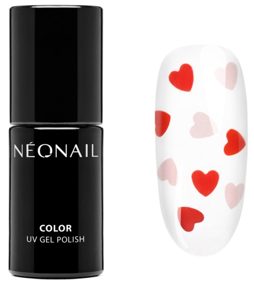 Musta kynsilakkapullo, jossa lukee "NEONAIL", vieressä valkoinen kynsi punaisilla ja vaaleanpunaisilla sydänkuvilla.