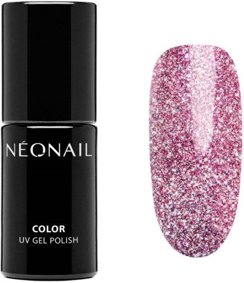 A black nail polish bottle labeled 'NEONAIL COLOR UV GEL POLISH' and a glittery pink nail with sparkles.