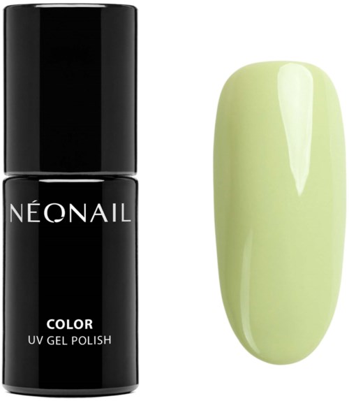 A black bottle of NÉONAIL color UV gel polish and a painted artificial nail in light green.