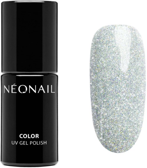 A black bottle labeled 'NEONAIL COLOR UV GEL POLISH' and a shiny, glittery silver nail sample.