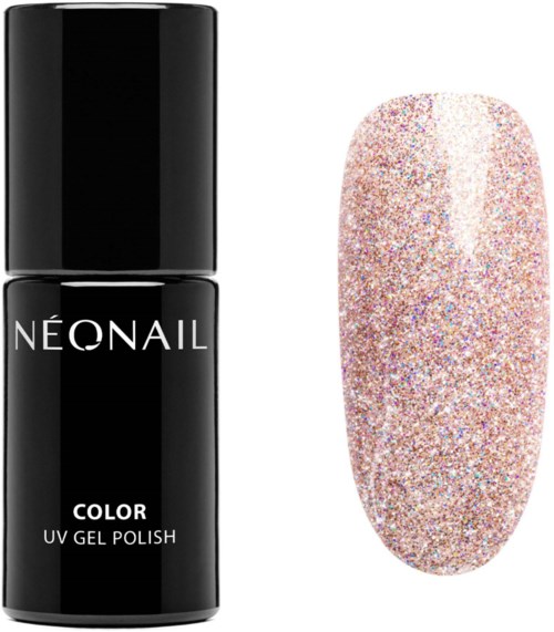Black bottle of Neonail color UV gel polish and a glittery, multicolored nail style.