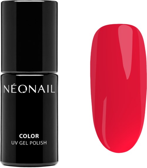 Czarna butelka lakieru do paznokci z napisem 'NEONAIL Color UV Gel Polish' i pomalowany sztuczny paznokieć na jaskraworóżowo.