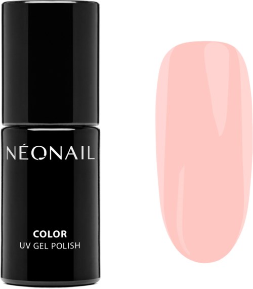 Czarna butelka lakieru do paznokci z napisem 'NEO NAIL COLOR UV GEL POLISH' i różowy paznokieć obok.