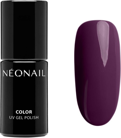 A black bottle of NEONAIL UV gel polish next to a painted nail showing dark purple color.