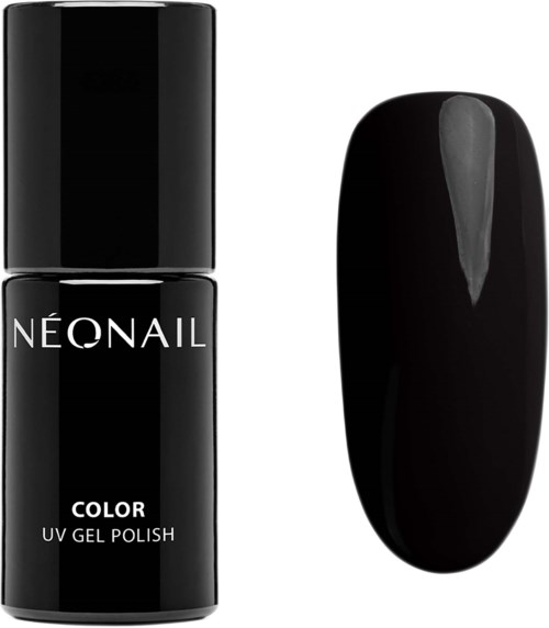 En svart nagellackflaska märkt 'NEONAII' och ett nagelprov målade i svart glans.