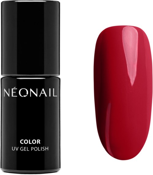 Czarna butelka lakieru do paznokci z napisem 'Neonail Color UV Gel Polish' i pomalowany czerwony paznokieć.