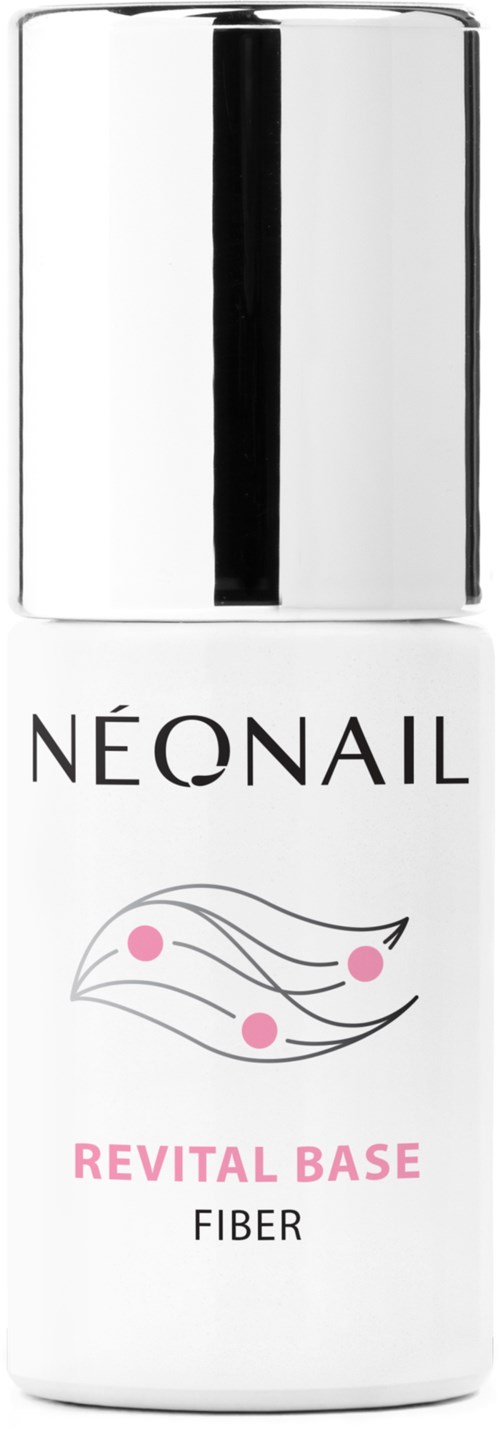 En flaska NEONAIL Revital Base Fiber nagelbehandling med silverlock och enkel etikett.
