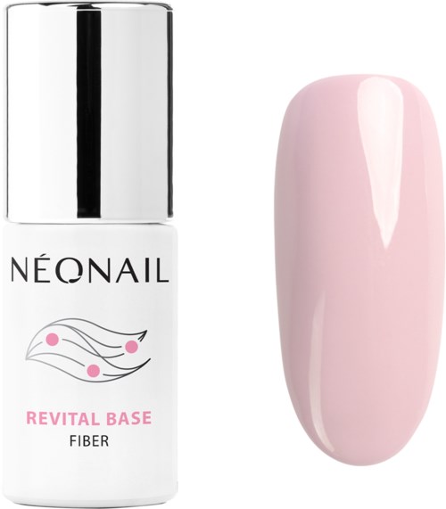 En nagellackflaska märkt 'NEONAIL Revital Base Fiber' bredvid en rosa målad nagel.