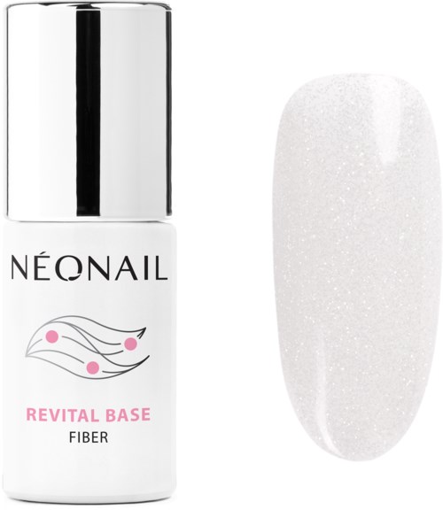 Nagellackflasche mit 'Revital Base Fiber' und eine lackierte Nägel mit weißem Glitzer.