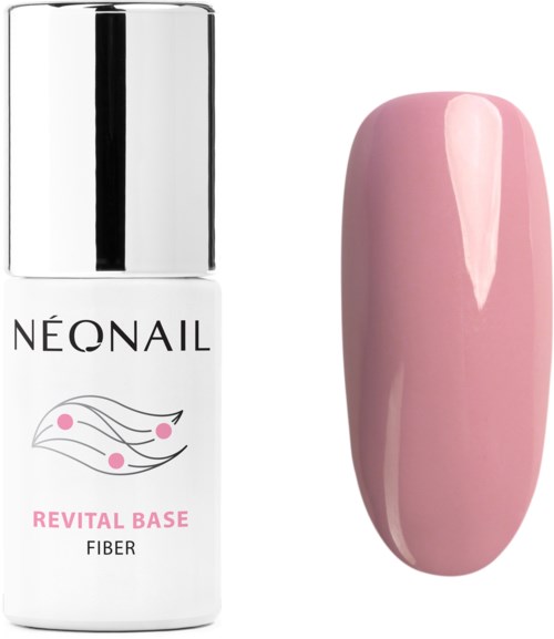 En flaska nagellackbaslack märkt 'NEONAIL Revital Base Fiber' och en målad rosa nageltipp.