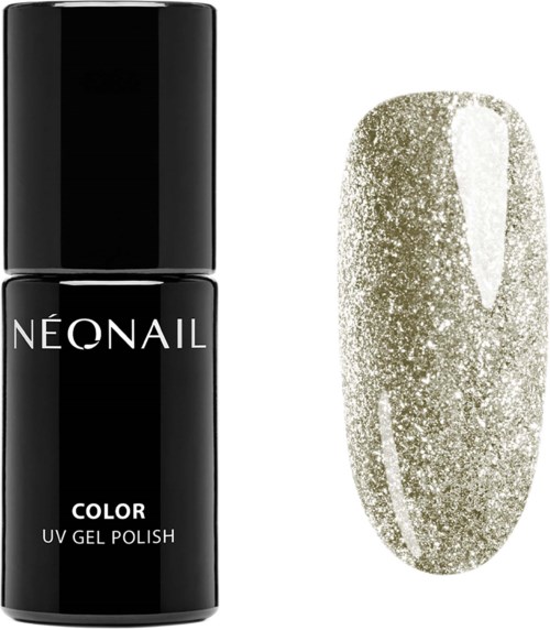 A black bottle labeled 'NEONAIL COLOR UV GEL POLISH' and a gold glittery nail swatch.